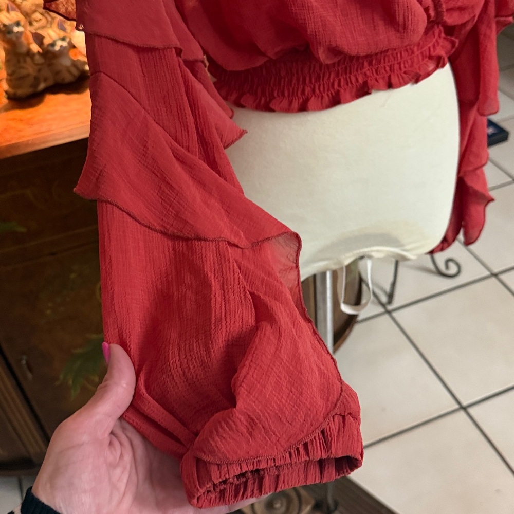 FAVLUX Red Ruffled Wrap Blouse - Picture 3 of 4